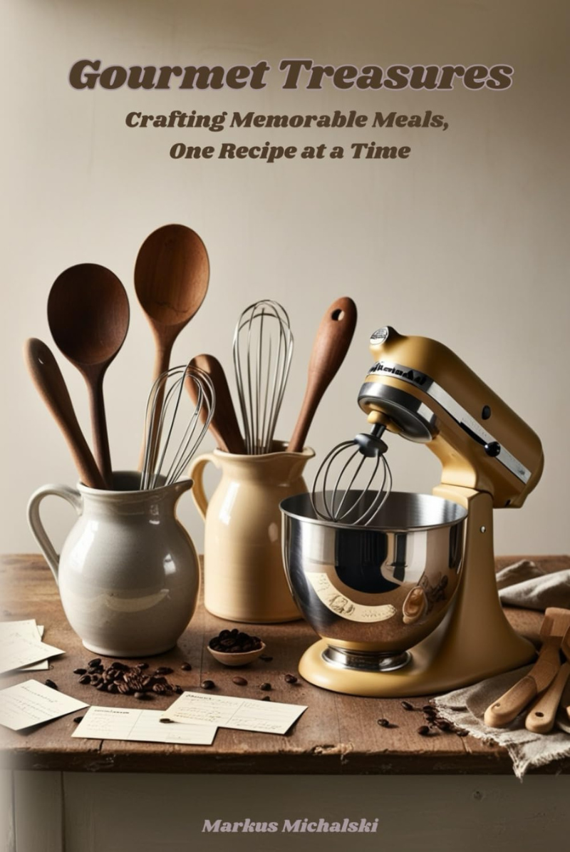 Recipe journal cover featuring vintage-style kitchen tools including wooden spoons, whisk, stand mixer and ceramic vessels arranged on a rustic wooden surface