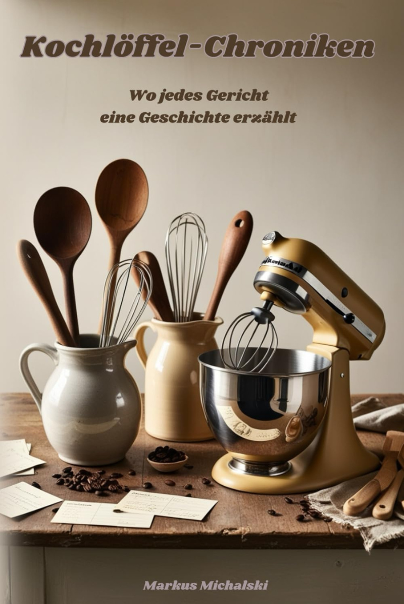 Stilvolles Arrangement von Küchenzubehör mit Holzlöffeln, Schneebesen und Küchenmaschine in warmen, rustikalen Farbtönen auf Holztisch mit dem Buchtitel Kochlöffel-Chroniken darüber