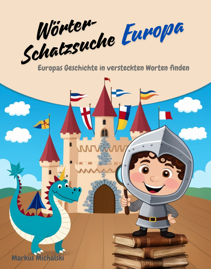 Buchcover zeigt eine mittelalterliche Burgszene mit einem niedlichen Ritter-Kind und einem freundlichen Drachen vor einer Burg mit mehreren Flaggen verschiedener europäischer Länder