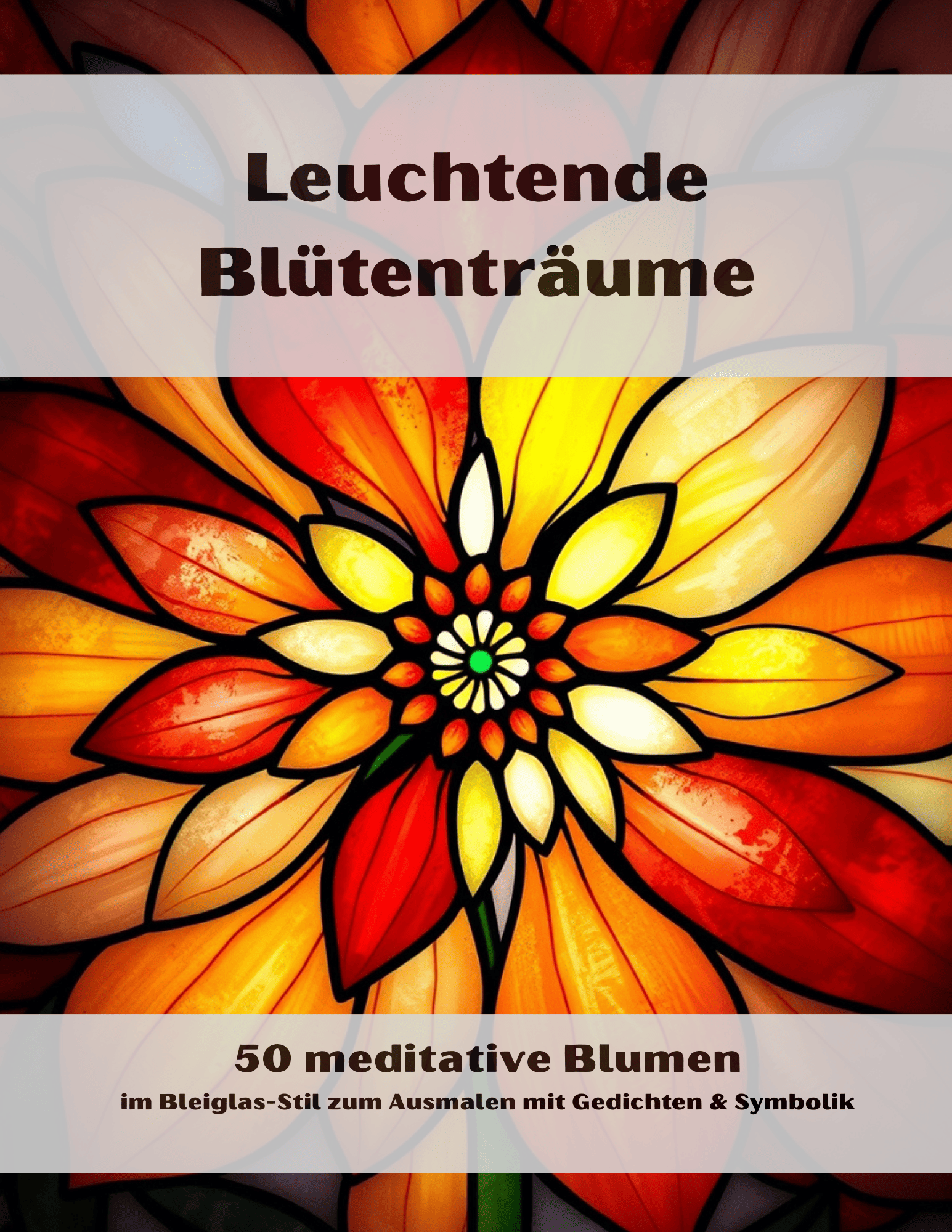 Cover von ‚Leuchtende Blütenträume‘ mit stilisierter Blume im Bleiglas-Stil in Rot-Orange-Gelb.