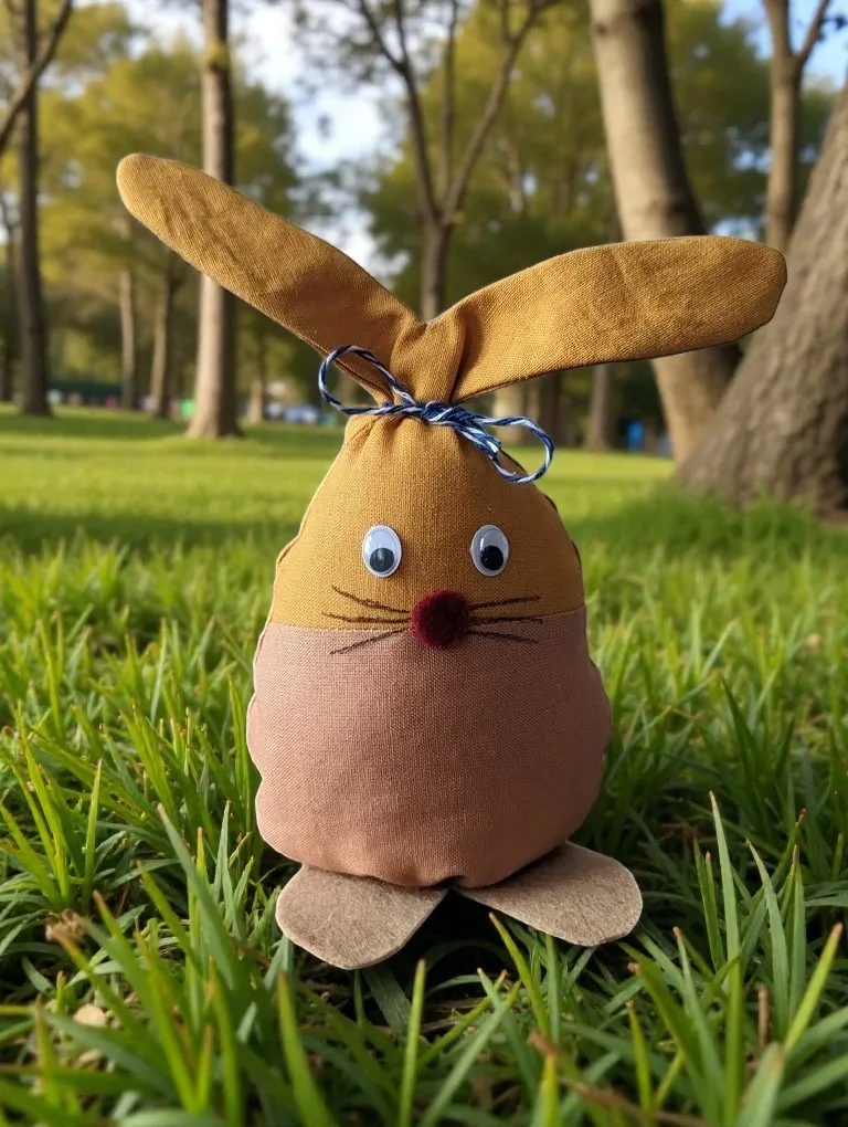 Easter decoration 'Easter Bunny' in beige and brown, sewn from cotton, on a meadow