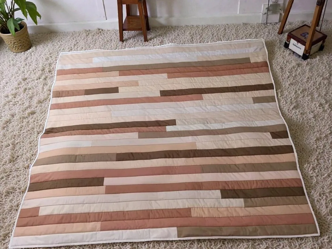Quilt with geometric stripe pattern, shades of beige and brown, made of cotton