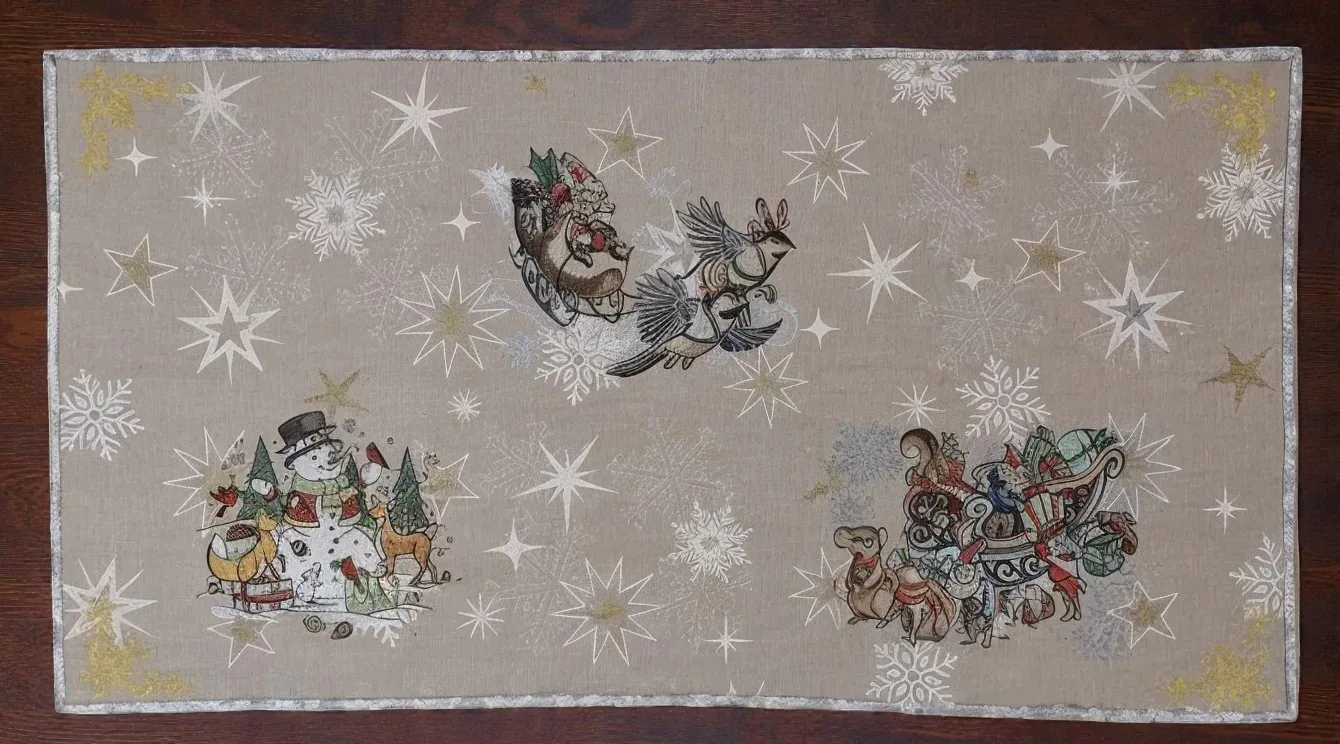 Table runner with Christmas motifs, beige, white, and red, on linen