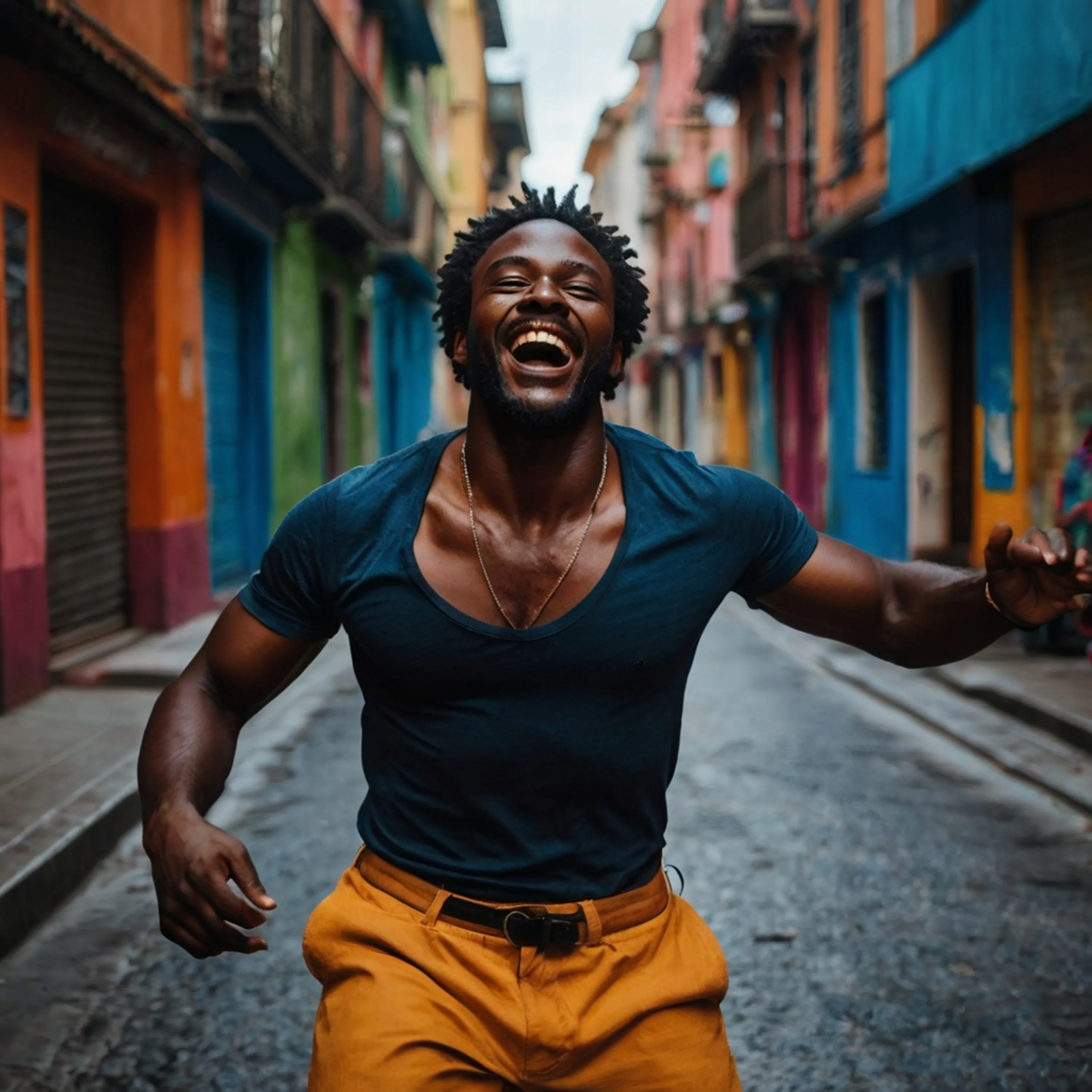 Single cover featuring a smiling man in a colorful city street, vibrant colors, photorealistic