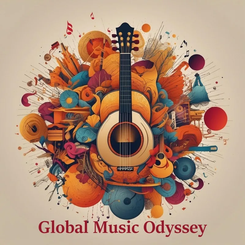 Album-Cover mit Gitarre und bunten Musikinstrumenten in dynamischer Anordnung auf beigem Hintergrund