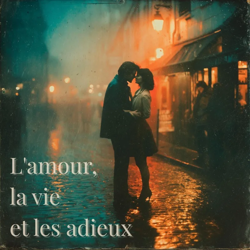 Single-Cover mit Paar im Regen, im Schein von Straßenlaternen, in warmen Orange- und Blautönen.