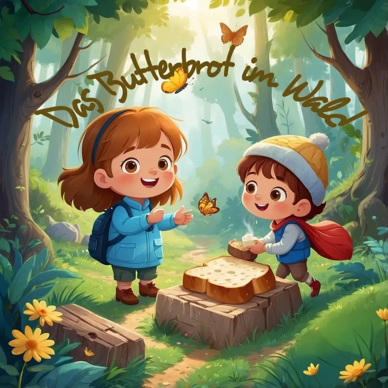 Single cover shows two children in the woods with a sandwich and butterflies, title at the top in handwritten font