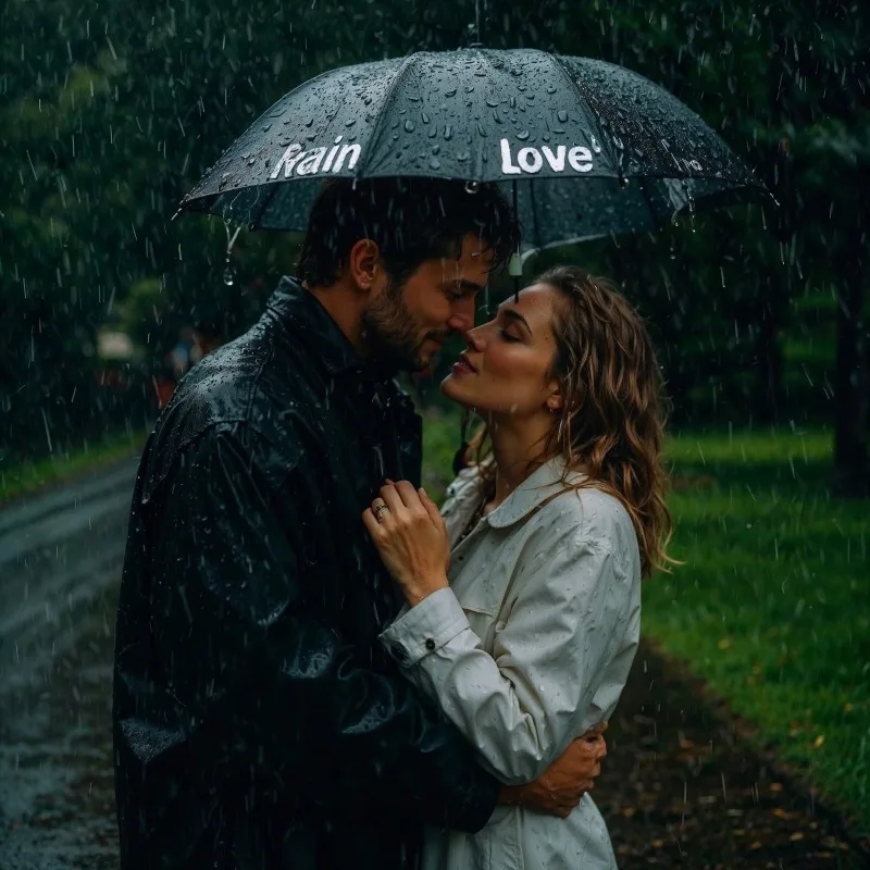 Single cover featuring a couple under an umbrella in the rain, green background, text 'Rain Love' on the umbrella