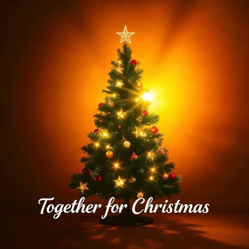 Image shows a lit Christmas tree with a star on an orange-gold background, title text below.