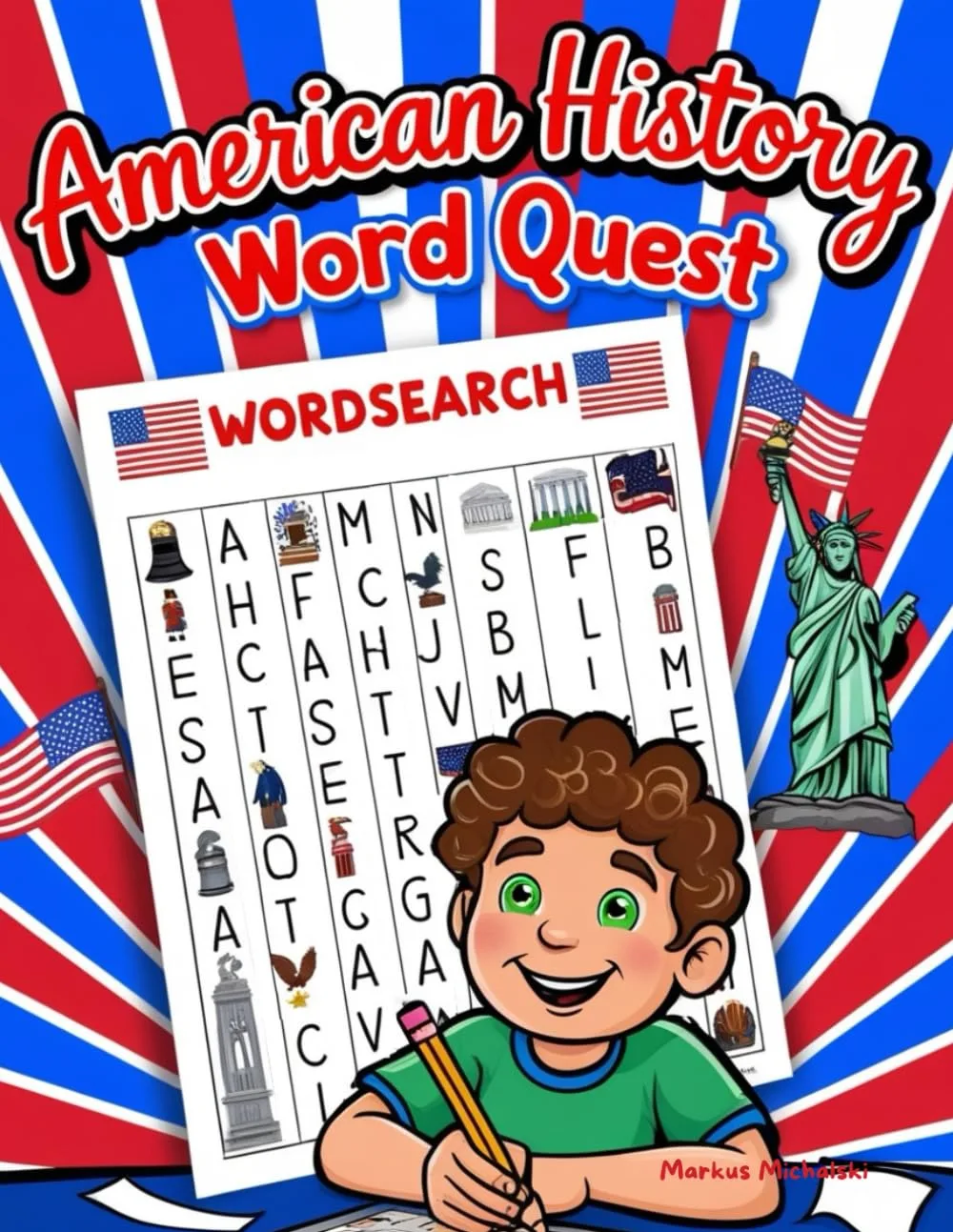 Buchcover mit Cartoon-Stil: Junge löst Wortsuche, Freiheitsstatue, US-Flaggen, roter und blauer Hintergrund