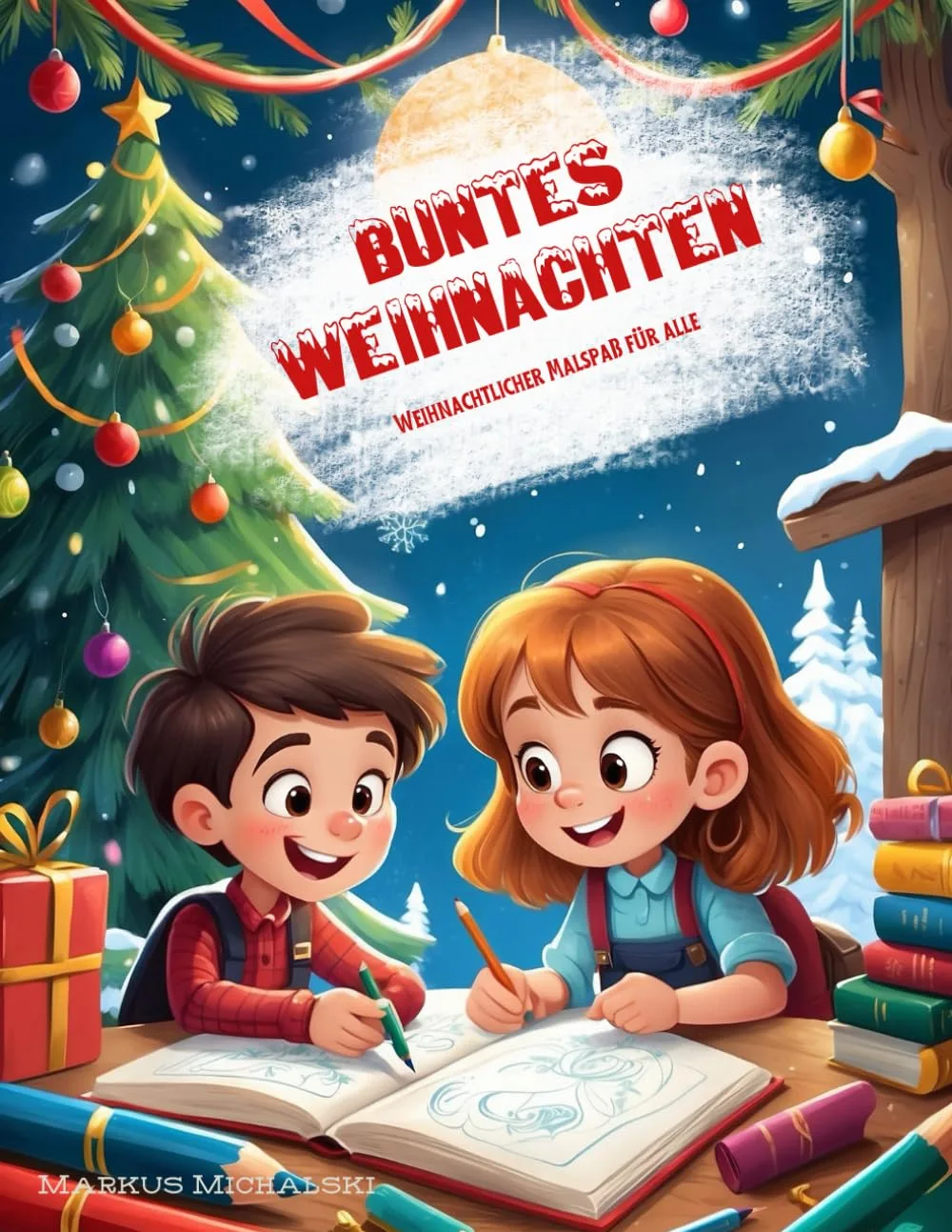 Buchcover mit Cartoon-Stil: Zwei Kinder malen unter geschmücktem Weihnachtsbaum, bunte Lichter leuchten.