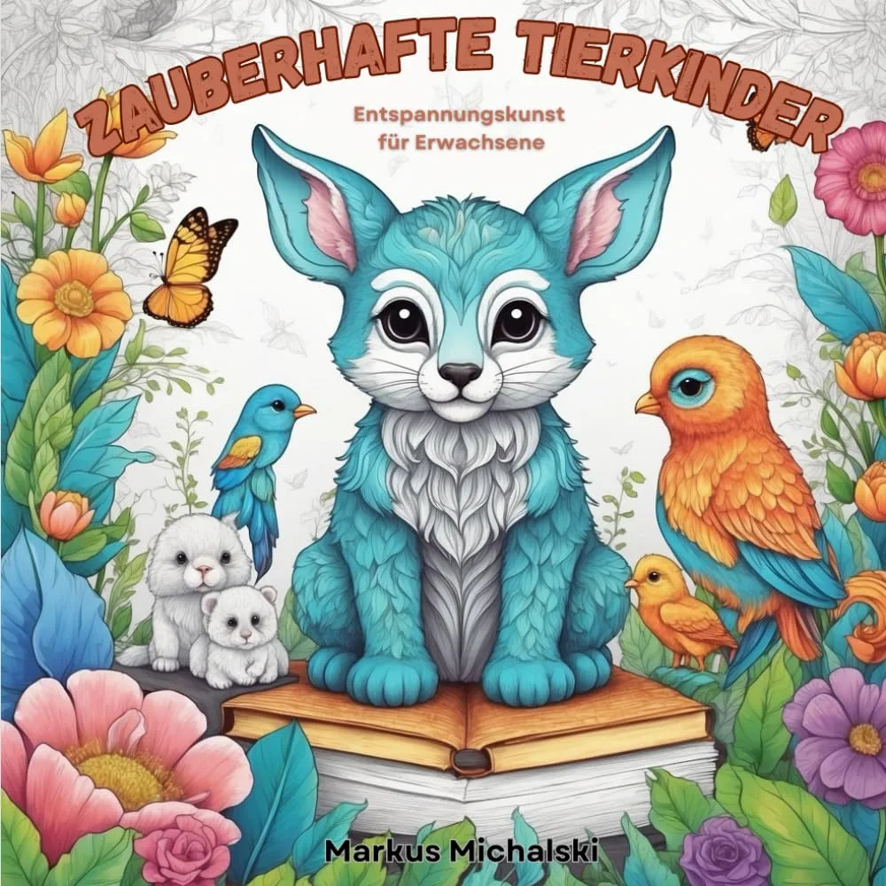Buchcover mit Cartoon-Tierkindern: Fuchs, Kaninchen, Vögel und Schmetterling in bunten Farben, Titel oben.